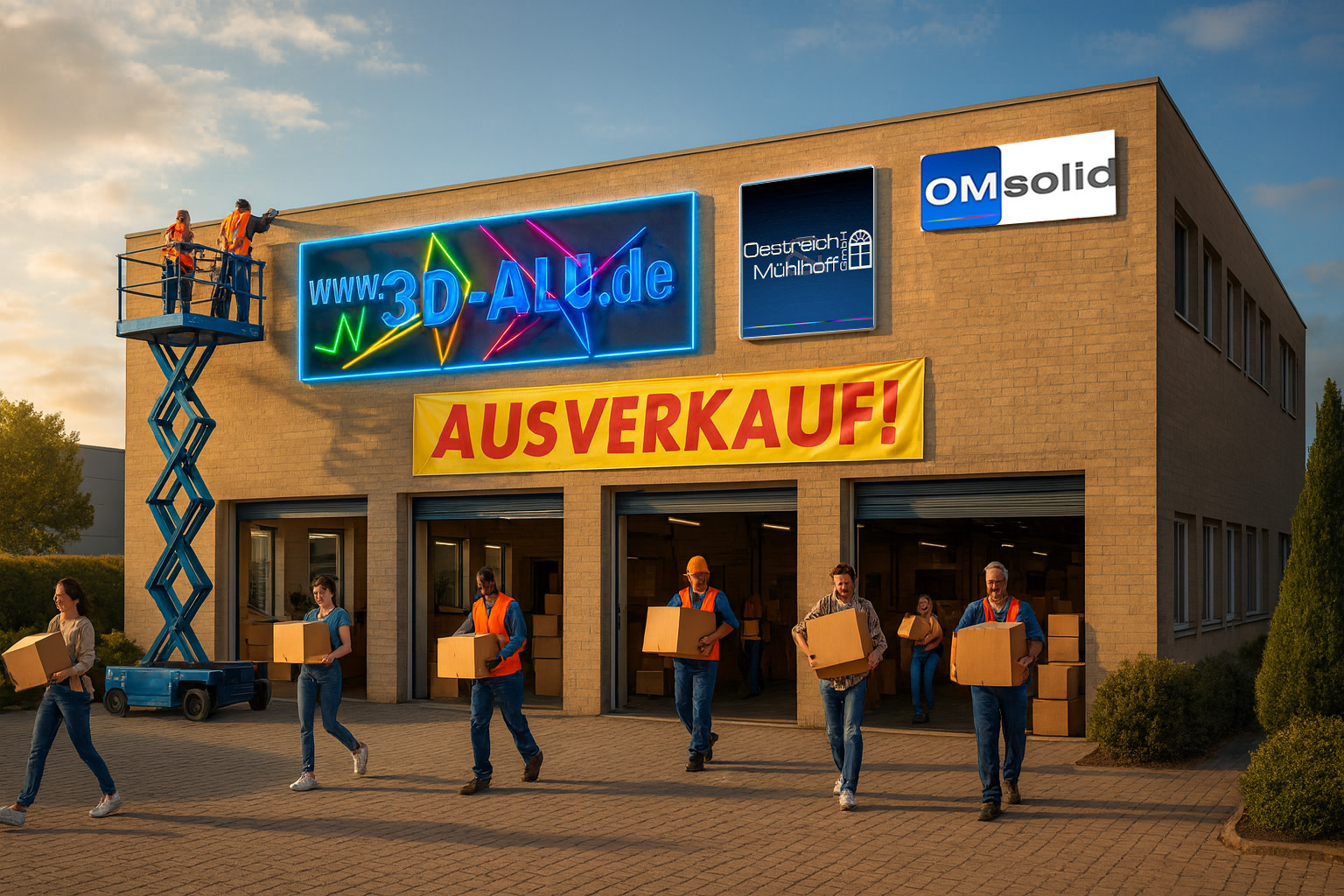 Firmengebäude, aus dem mehrere Leute Kartons heraustragen.